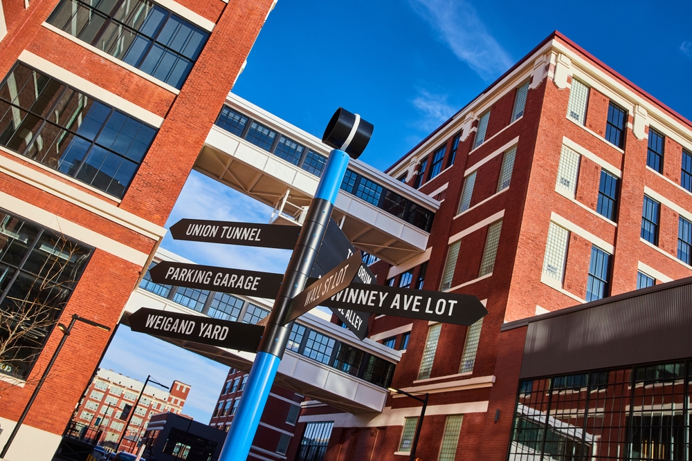 Modern,Urban,Signpost,And,Sky,Bridge,Against,Blue,Sky